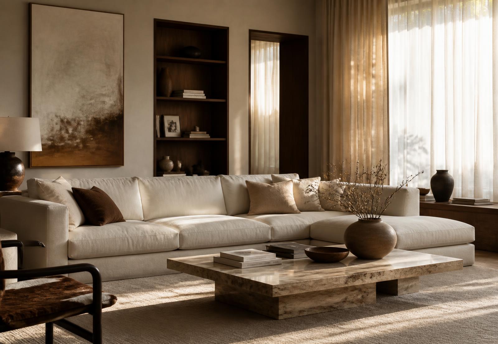 Warm minimal living room with a custom cream sectional sofa and espresso wood detailing